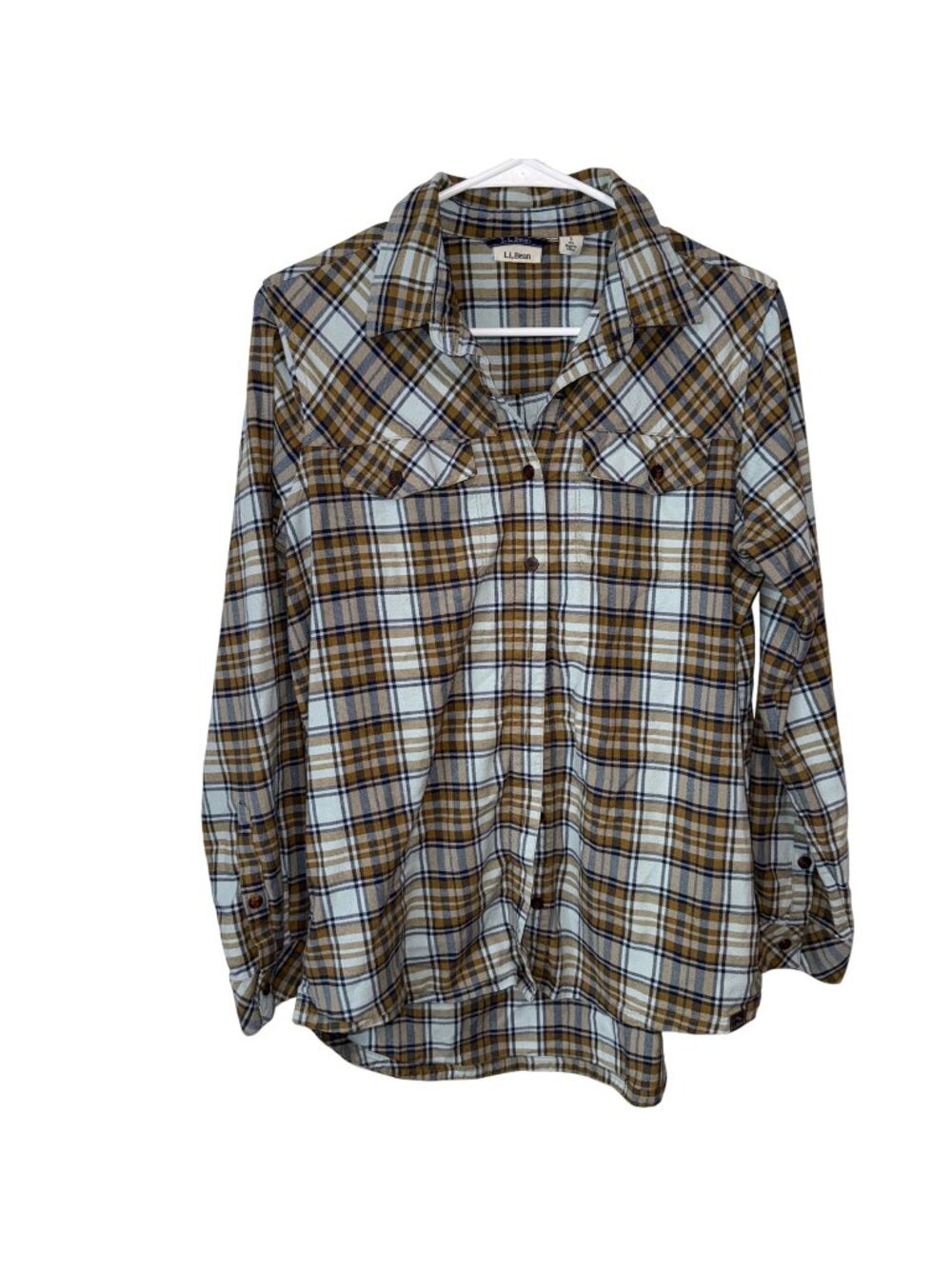 L.L. Bean Womens Plaid Button-Down Shirt Size S Brown & Blue Cotton